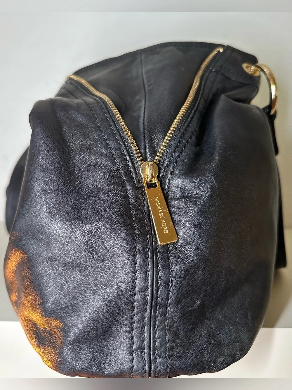 Michael Kors Black Leather Shoulder Bag with Gold-Tone MK Charm
